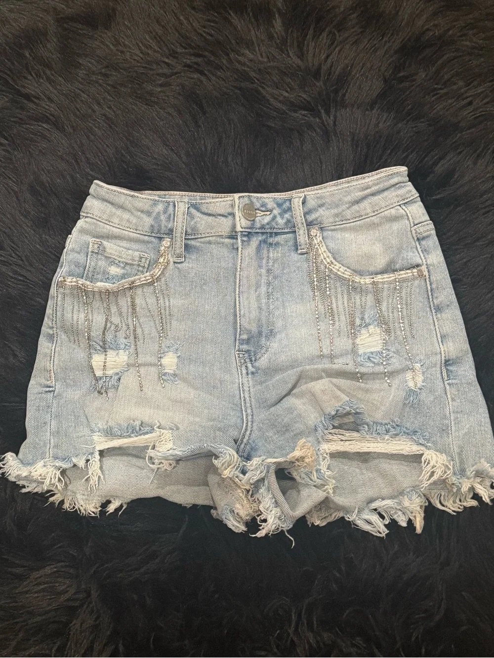 Risen Distressed Light Wash Denim Shorts with Chain Fringe